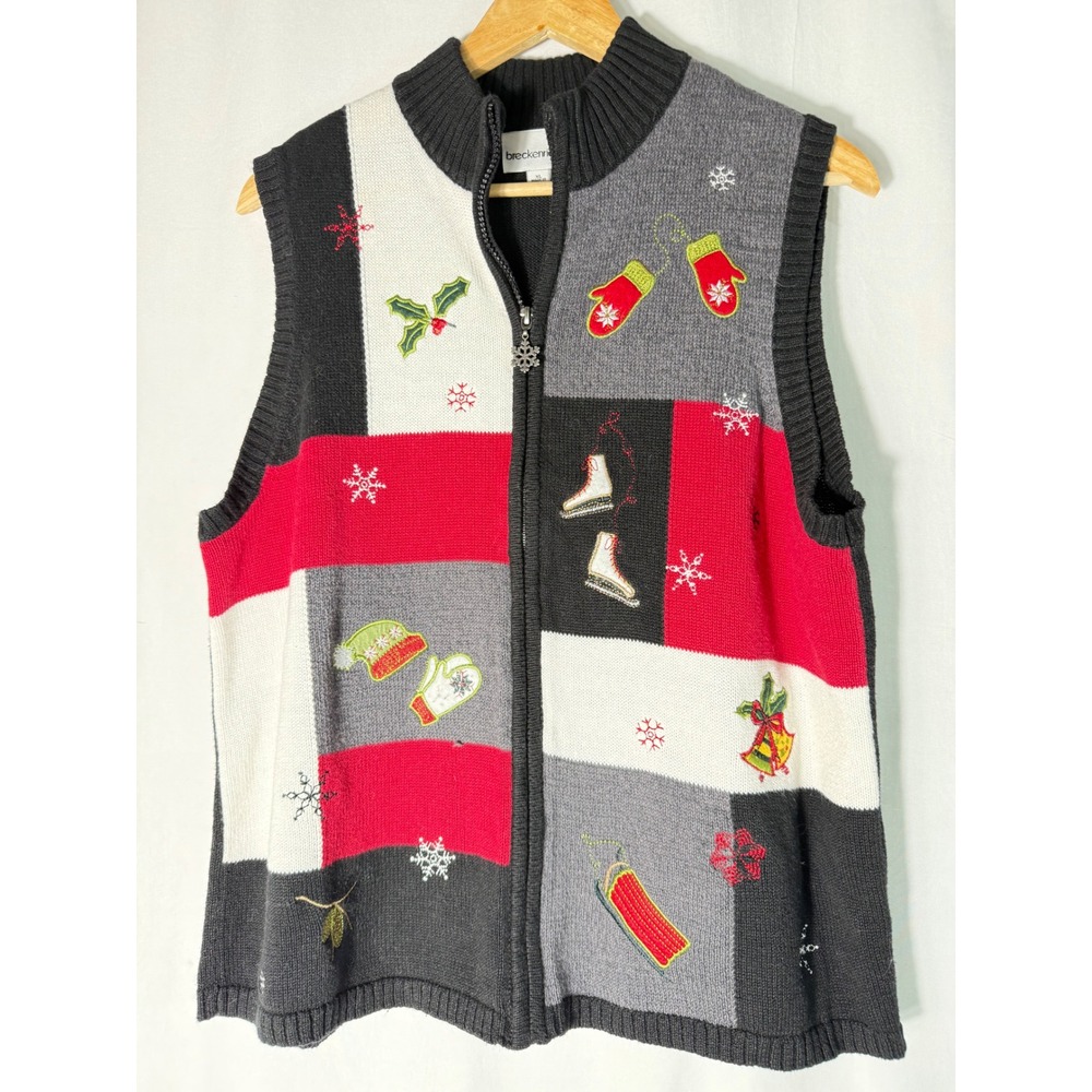 Breckenridge Christmas Sweater Vest Womens XL Zip Front Colorblock Winter‎ Knit